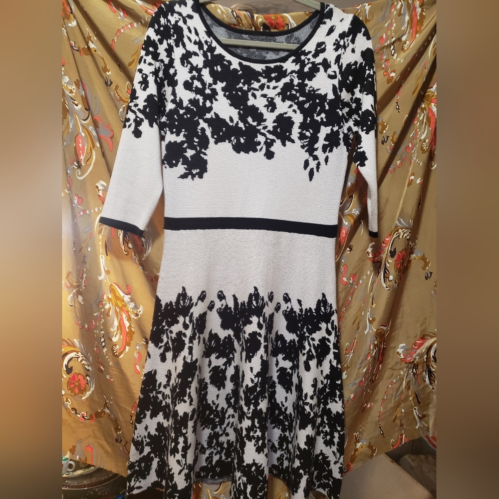 Gorgeous Taylor Rayon+ Knit Fit & Flare Cream & Black Floral Print Midi Size L